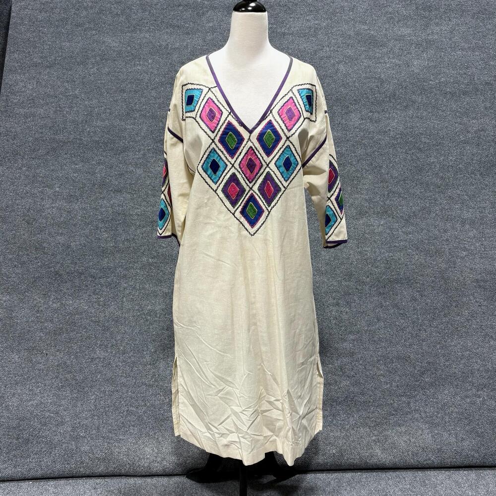 Vintage Victor Camarena Dress Womens Medium Multicolor Embroidered Cotton Kaftan